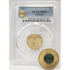 AUSTRALIA 2021 . TWO 2 DOLLARS COIN . GENUINE . PCGS MS63 . BONUS ONE 1 DOLLAR COIN